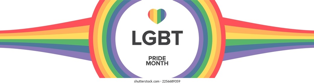 Happy pride month horizontal banner with pride color striped ribbon flag isolated on white background. LGBT Pride month or pride day poster, flyer, invitation party card modern style design template.
