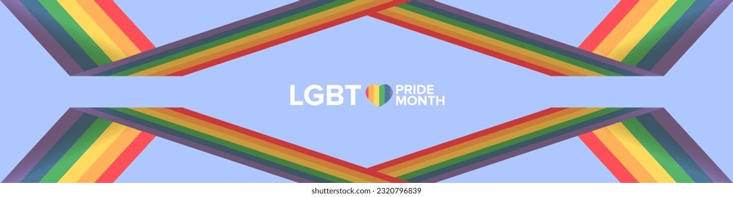 Happy pride month horizontal banner with pride color striped ribbon flag isolated on blue background. LGBT Pride month or pride day poster, flyer, invitation party card modern style design template.