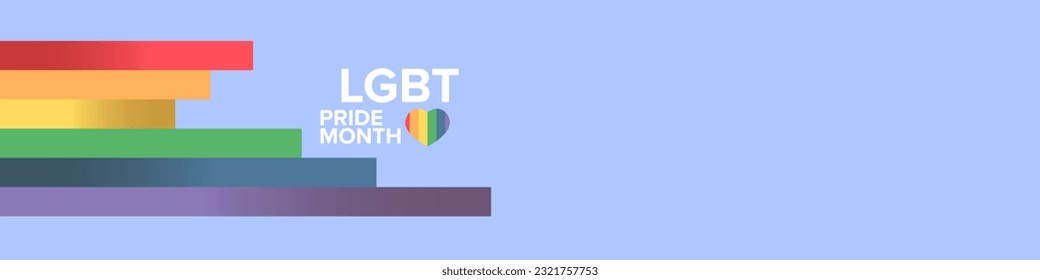 Happy pride month horizontal banner with pride color striped ribbon flag isolated on blue background. LGBT Pride month or pride day poster, flyer, invitation party card modern style design template.