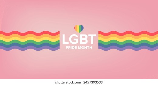 Happy pride month horizontal banner with pride color wave ribbon flag isolated on pink background. LGBT Pride month or pride day poster, flyer, invitation party card modern style design template.