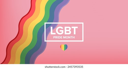 Happy pride month horizontal banner with pride color wave ribbon flag isolated on pink background. LGBT Pride month or pride day poster, flyer, invitation party card modern style design template.