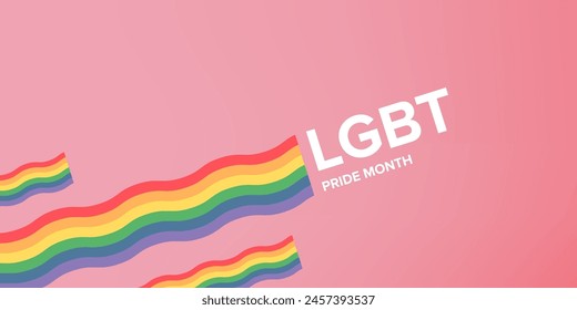 Happy pride month horizontal banner with pride color wave ribbon flag isolated on pink background. LGBT Pride month or pride day poster, flyer, invitation party card modern style design template.