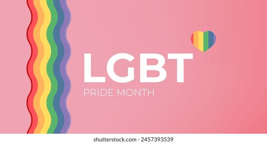 Happy pride month horizontal banner with pride color wave ribbon flag isolated on pink background. LGBT Pride month or pride day poster, flyer, invitation party card modern style design template.