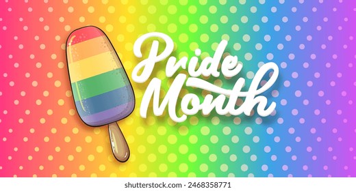 Happy pride month horizontal banner with pride color flag gradient ice cream isolated on rainbow background. LGBT Pride month or pride day poster, invitation party card with popsicle