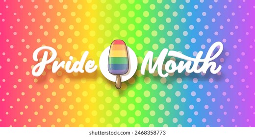 Happy pride month horizontal banner with pride color flag gradient ice cream isolated on rainbow background. LGBT Pride month or pride day poster, invitation party card with popsicle