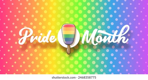 Happy pride month horizontal banner with pride color flag gradient ice cream isolated on rainbow background. LGBT Pride month or pride day poster, invitation party card with popsicle