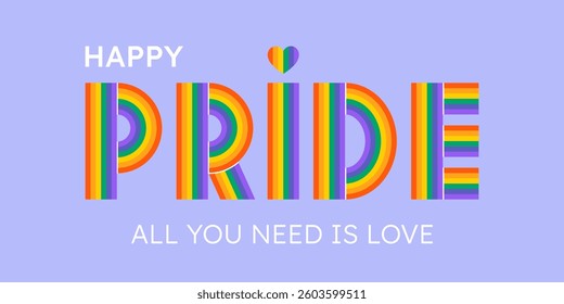 Happy Pride Month. Horizontal festive template for social media posts, banners, backgrounds. LGBTQIA. Background with rainbow letters for festival parades, parties, and events. Vector illustration.