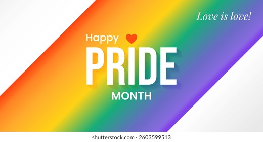 Happy Pride Month. Horizontal festive template for social media posts, banners, backgrounds. LGBTQIA. Rainbow background for festival parades, parties, and events. Love is love. Vector illustration.