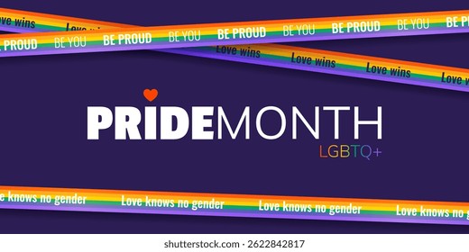 Happy Pride Month. Horizontal festive template for social media posts, banners, backgrounds. LGBTQIA. Background with rainbow warning tapes for festival parades, parties, and events. Vector.