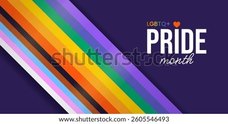 Happy Pride Month. Horizontal festive template for social media posts, banners, backgrounds. LGBTQIA. Background with progress pride flag for festival parades, parties, and events. Vector illustration