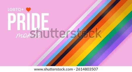 Happy Pride Month. Horizontal festive template for social media posts, banners. LGBTQIA. Rainbow background with progress pride flag for festival parades, parties, and events. Vector illustration