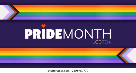 Happy Pride Month. Horizontal simple template for social media posts, banners, backgrounds. LGBTQIA. Background with progress pride flags for festival parades, parties, and events. Vector illustration