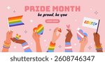 Happy Pride Month. Horizontal template for social media posts, banners, backgrounds. LGBTQIA. Hands holding hearts and rainbow flags. Design for festival parades, parties, events. Vector illustration.