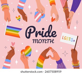 Happy Pride Month. Horizontal template for social media posts, banners, backgrounds. LGBTQIA. Hands holding hearts and rainbow flags, showing heart sign. Design for festival parades, parties, events.