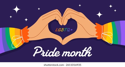 Happy Pride Month. Horizontal template for social media posts, banners, backgrounds. LGBTQIA. Hands showing heart sign. Simple design for festival parades, parties, and events. Vector illustration.