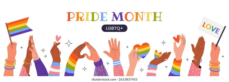 Happy Pride Month. Horizontal template for social media posts, banners, backgrounds, landing pages. LGBTQIA. Hands holding hearts and rainbow flags. Design for festival parades, parties, events.