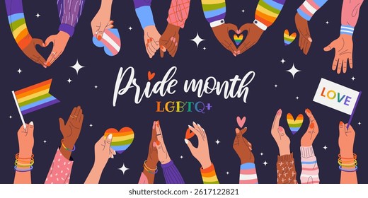 Happy Pride Month. Horizontal template for social media posts, banners, backgrounds. LGBTQIA. Hands showing heart signs, holding rainbow flags. Design for festival parades, parties, events. Vector.