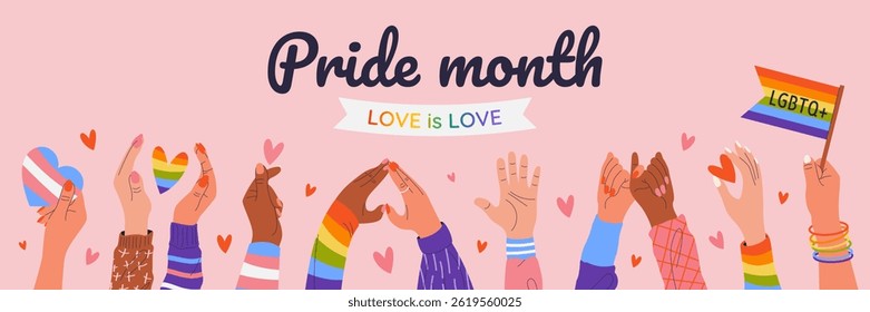 Happy Pride Month. Horizontal template for social media posts, banners, backgrounds. LGBTQIA. Hands showing heart signs, holding rainbow flag and hearts. Design for festival parades, parties, events.