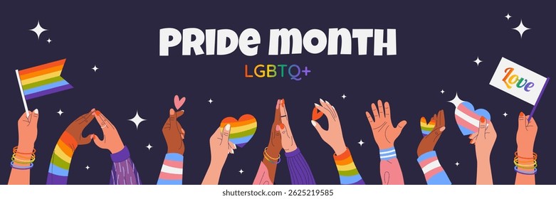Feliz Mês do Orgulho. Modelo horizontal para postagens em mídias sociais, banners, planos de fundo, landing pages. LGBTQIA. Mãos mostrando sinais de coração, segurando bandeiras do arco-íris. Design para desfiles e eventos de festivais.