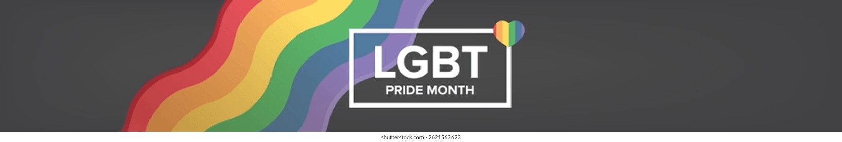 Happy Stolz Monat horizontalen breiten Banner mit Stolz Farbe Welle Band Flagge einzeln auf grauem Hintergrund. LGBT Pride Monat oder Stolz Tag weites Poster, Flyer, Einladungs-Party-Karte modernes Design
