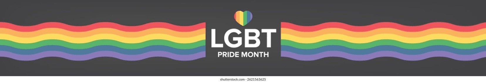 Happy Stolz Monat horizontalen breiten Banner mit Stolz Farbe Welle Band Flagge einzeln auf grauem Hintergrund. LGBT Pride Monat oder Stolz Tag weites Poster, Flyer, Einladungs-Party-Karte modernes Design