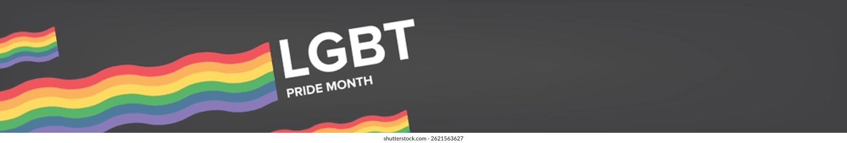 Happy pride month horizontal wide banner with pride color wave ribbon flag isolated on grey background. LGBT Pride month or pride day wide poster, flyer, invitation party card modern style design
