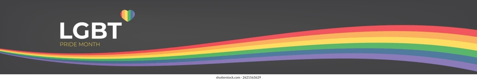 Anuncio ancho Horizontal del mes del orgullo feliz con la bandera de la cinta de la onda del color del orgullo aislada en fondo gris. Mes del orgullo LGBT o cartel ancho del día del orgullo, volante, tarjeta del partido de la invitación diseño de estilo moderno