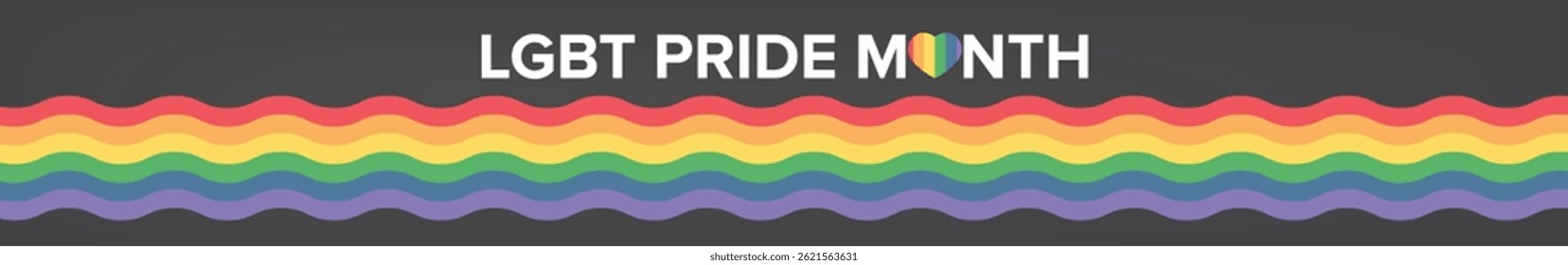 Happy pride month horizontal wide banner with pride color wave ribbon flag isolated on grey background. LGBT Pride month or pride day wide poster, flyer, invitation party card modern style design
