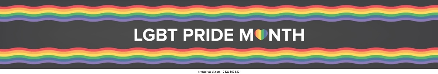 Banner horizontal largo mês do orgulho feliz com bandeira da fita da cor da onda do orgulho isolado no fundo cinza. LGBT Orgulho mês ou orgulho dia amplo cartaz, folheto, convite cartão estilo moderno design