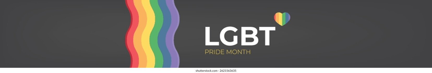Happy pride month horizontal wide banner with pride color wave ribbon flag isolated on grey background. LGBT Pride month or pride day wide poster, flyer, invitation party card modern style design