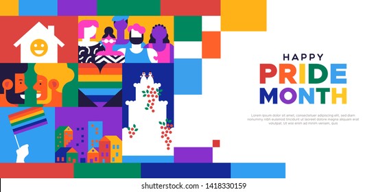 Happy Pride Month Landing Web Page Template For Lgbt Rights Or Social Issues Event In June. Colorful  Mosaic Illustration Includes Gay Couple, Diverse People Group And More.