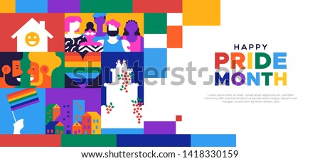 Happy Pride month landing web page template for lgbt rights or social issues event in june. Colorful  mosaic illustration includes gay couple, diverse people group and more.