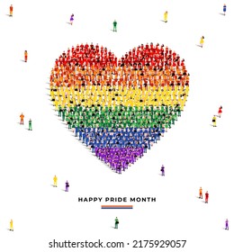 Happy Pride Month. A large group of people in LGBTQ flag color form to create the heart or love shape. Vector Illustration.