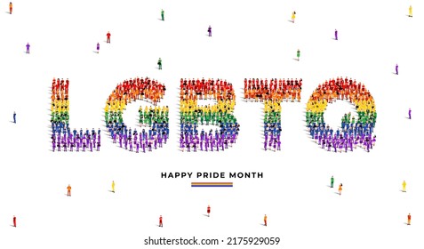 Happy Pride Month. A Large Group Of People Form To Create The Word Lgbtq In Pride Flag Color. Vector Illustration.