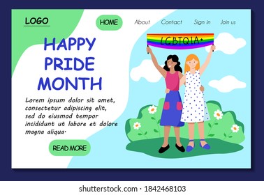 Happy pride month. Lgbt website template. Lesbian family two young women with rainbow flag. Stock vector modern flat concept illustration for landing page. Website design easy to edit and customize.