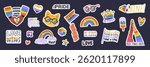 Happy Pride Month. LGBTIA stickers set. Isolated badges with signs, symbols, phrases, inclusive pride flags, cat, rainbow, hands, crown, hearts. Isolated elements on dark background. Vector clipart