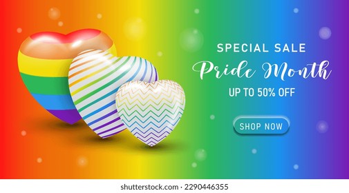 happy pride month LGBTQ banner template special sales promotion with 3d rainbow heart.