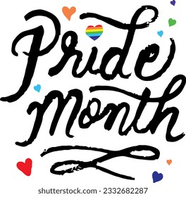 happy pride month lgbtq hand-lettering with hearts vector illustration