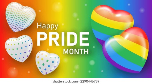 happy pride month LGBTQ template and background with 3d rainbow heart.