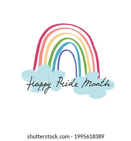 Happy Pride Month logo with rainbow and clouds. Sex minorities self-affirmation concept. Isolated on white background