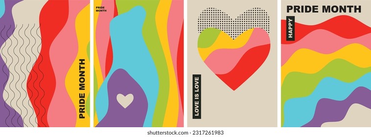 Happy Pride Month. Love is love. Rainbow flags, heart. Set of vector illustrations.