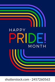 "Happy Pride Month" minimal typography design with rainbow background.