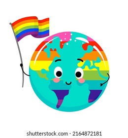 Happy Pride Month - Planet Earth kawaii drawing with pride rainbow flag. Poster or t-shirt textile graphic design. Beautiful illustration. 