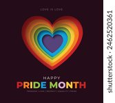 Happy Pride Month Post and Greeting Card. Colorful Rainbow Heart Flag and Pride Month Celebration Flyer Vector Illustration