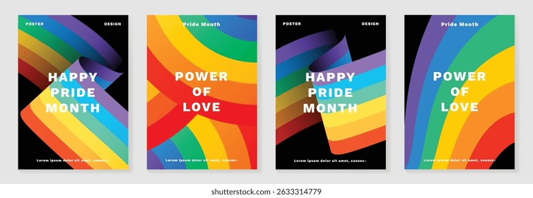 Happy Pride mês pôster fundo vetor set. Símbolo da comunidade LGBTQ com arco-íris, bandeira do orgulho, coração. Design para celebração, bissexual, transgênero, cartaz de festa, direitos, anúncios.