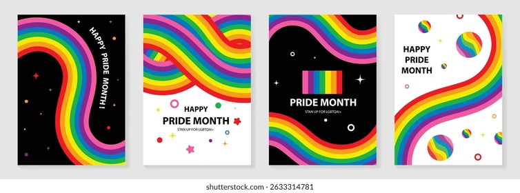 Happy Pride mês pôster fundo vetor set. Símbolo da comunidade LGBTQ com arco-íris, bandeira do orgulho, coração. Design para celebração, bissexual, transgênero, cartaz de festa, direitos, anúncios.