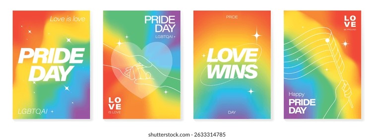 Happy Pride mês pôster fundo vetor set. Símbolo da comunidade LGBTQ com arco-íris, bandeira do orgulho, coração. Design para celebração, bissexual, transgênero, cartaz de festa, direitos, anúncios.