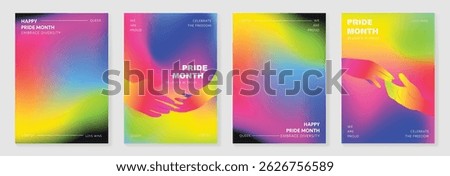 Happy Pride month poster background vector set. LGBTQ community symbol with rainbow, pride flag, hand. Design for celebration, bisexual, transgender, gender equality, rights, ads.