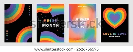 Happy Pride month poster background vector set. LGBTQ community symbol with rainbow, pride flag, heart. Design for celebration, bisexual, transgender, gender equality, rights, ads.