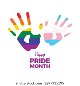 Happy Pride Month poster with color handprint shape icon vector. Handprint with the colors of the rainbow and transgender flag icon vector isolated on a white background. LGBT symbol vector